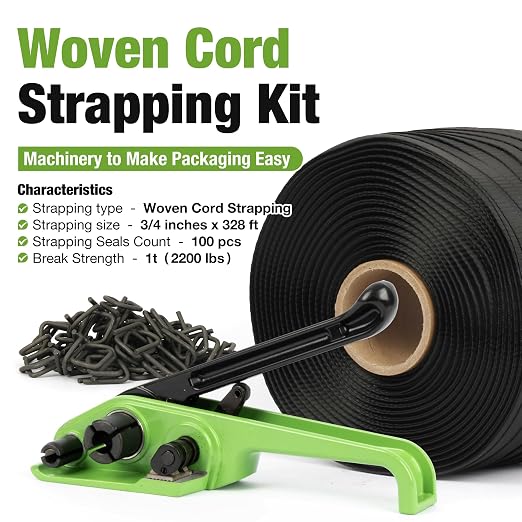 U.S. Solid Manual Banding Strapping Kit, 3/4" x 985' Woven Cord Strapping with Heavy Duty Tensioner & 200pcs Phosphated Metal Buckles, All-in-One Pallet Packaging Tool for Crating, Lumber & Cargo