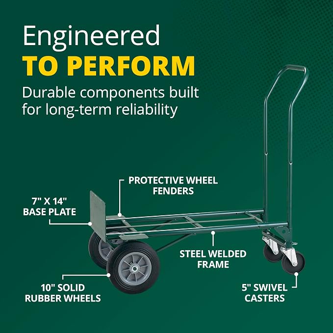 Harper Trucks JEDT8635P Convertible Hand Truck Cart, 600 lb 2-Wheel Dolly and 700 lb 4-Wheel Cart with Flat-Free Rubber Wheels for Moving, Delivery, Warehouses and Retail Stocking