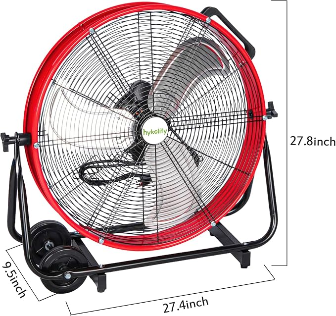 hykolity 24 inch 8100 CFM High Velocity Industrial Drum Fan, 3-Speed Heavy Duty Metal Shop Fan for Warehouse, Garage, Workshops, Factory, UL Listed, Red