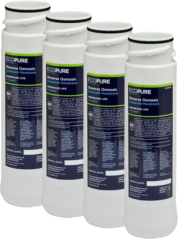 EcoPure ECOROM Reverse Osmosis Under Sink Replacement Water Membrane | NSF Certified | Fits Ecop30 System | 1-3-Year Filter Life, 0.9, White (Pack of 4)
