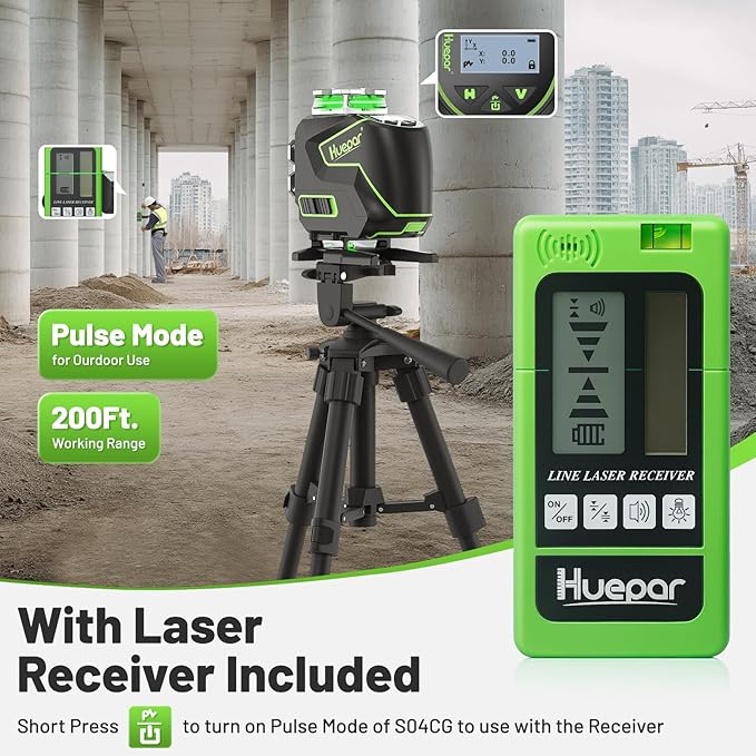 Huepar Laser Level 360 Self Leveling, S04CG 4x360° Green 4D Cross Line Laser with LCD Screen with Receiver -Pulse Mode, Bluetooth, Remote Control, Rechargeable 16 Lines Laser Tool for Construction