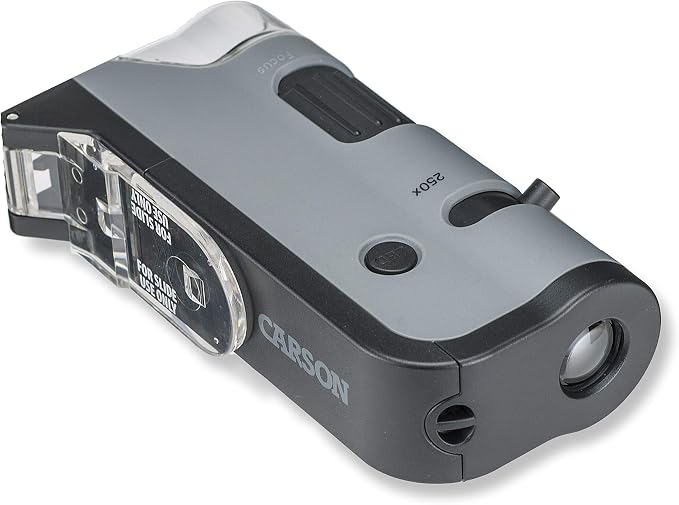 Carson MicroFlip 100x-250x LED and UV Lighted Pocket Microscope with Flip Down Slide Base and Adapter with CarsonCam Phone App - Set of 4 (MP-250MU)