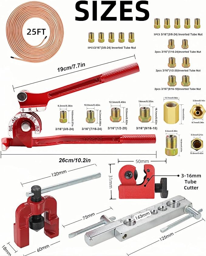 3/16 Inch 26Pcs Brake Line Bender Flaring Tool Include 25FT Zinc-Plated Copper Coated Brake Bending Lines and Single Flare Cutter Repair Kit 16 Rust-Resistant Fitting 4 Nut 2 Union, Gold