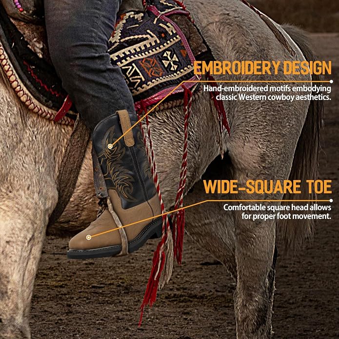 Men's Cowboy Work Boots, Square Steel Toe EVA Mid-Sole with GoodyearWelt Leather Anti Slip Western Men's Brown Boots for Manufacturing, Construction, Farming, Size 7-14
