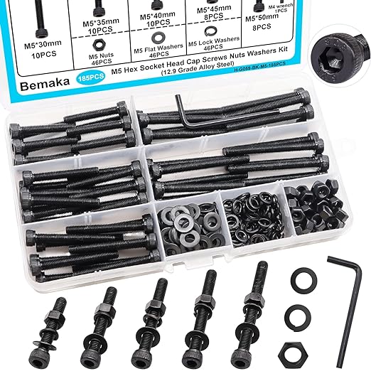 185PCS Black M5 Hex Socket Head Cap Screws, M5 x 30/35/40/45/50mm Metric Screws Bolts Nuts Washers Assortment Kit with Hex Wrench, 12.9 Grade Alloy Steel