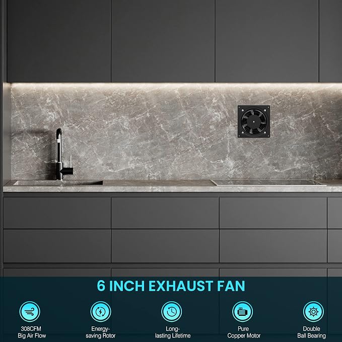 HG Power 6 Inch Exhaust Fan with Speed Controller, 308CFM Wall Exhaust Fanfor Kitchen, Bathroom, Metal Extractor Fan for Pet Room, Smoking Room, Attic, Garage, Window Ventilation