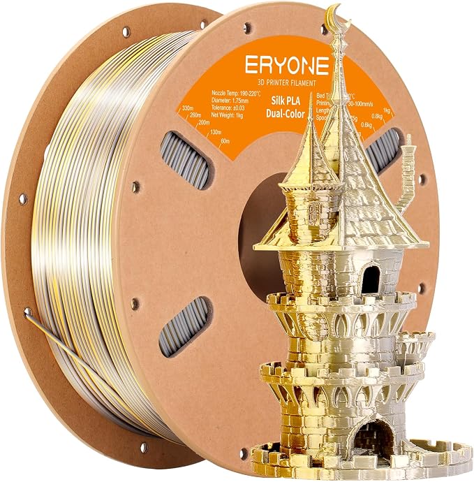 ERYONE Silk Dual Color PLA Filament 3D Printer 1.75mm +/- 0.03mm, Bicolor Filament Two Tone PLA 1KG(2.2lbs) Cardboard Spool, Gold Silver