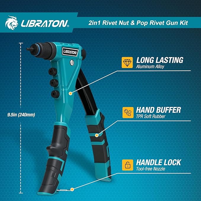 LIBRATON 2in1 Rivet Nut and Pop Rivet Gun Kit, with 8 Mandrels (Metric & SAE), 4 Nose Pieces (2.4-4.8mm), 80 Nuts and 200 Rivets, Adjustable Riveting Tool for DIY & Repair with Carrying Case