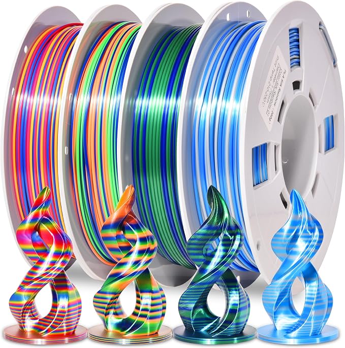 PINBALL Silk Rainbow 3D Printer Filament Bundle, Shiny Multicolor PLA Filament Fast Color Change, 250g Spool, 4 Rolls, 4 Colors
