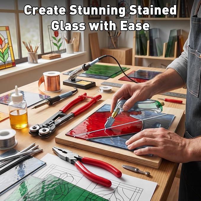 MEEFAUE 24PCS Stained Glass Kit, Professional Glass Cutters Tools Kit with Wheeled Glass Nipper, Running ＆ Grozer Pliers, 2-20mm Glass Cutter, Cutting Oil, Safety Gloves & Ruler for Mosaic,Tile,DIY
