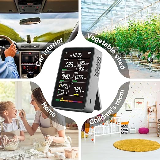 Professional Indoor Air Quality Monitor with AQI Alerts, Portable Real-Time Detector for Home, Car, Plants & Pet (Concrete Gray)
