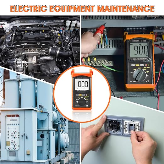 Megohmmeter for Insulation Testing, 200G Ohm Insulation Resistance Tester for Voltage (500V/1000V/2500V/5000V) & Resistance Measurement (1MΩ~200GΩ), Auto Ranging, Backlight Display, Data Hold