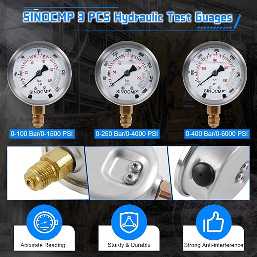 Hydraulic Pressure Test Kit with 3 Gauges 10/25/40 Mpa, 3 Long Hoses 6 Couplings Diagnosis Gauge Tester Set for Excavator Construction Engineering Machinery Equipment