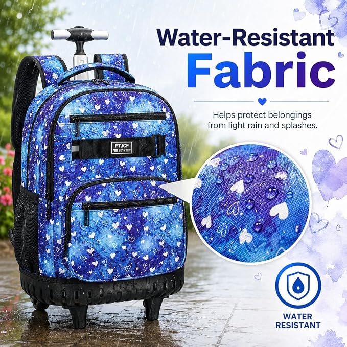 3Pcs Rolling Backpack for Girls Women, Travel Roller Backpacks with Wheels for Adults, Teens College Love Polka Dots Wheeled Bookbag with Lunch Box(Blue)