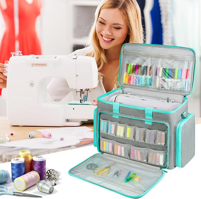 Sewing Machine Carrying Case Bag Compatible with Most Standard Singer,Brother,Janome with Multiple Storage Pockets,Travel Tote Bag with Shoulder Strap for Sewing Machine and Supplies(Grey/Green)