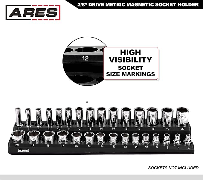 ARES 70235-30-Piece 3/8-Inch Metric Magnetic Socket Holder - Securely Holds 15 Standard and 15 Deep Size Sockets in Place - Keeps Your Tool Box Organized