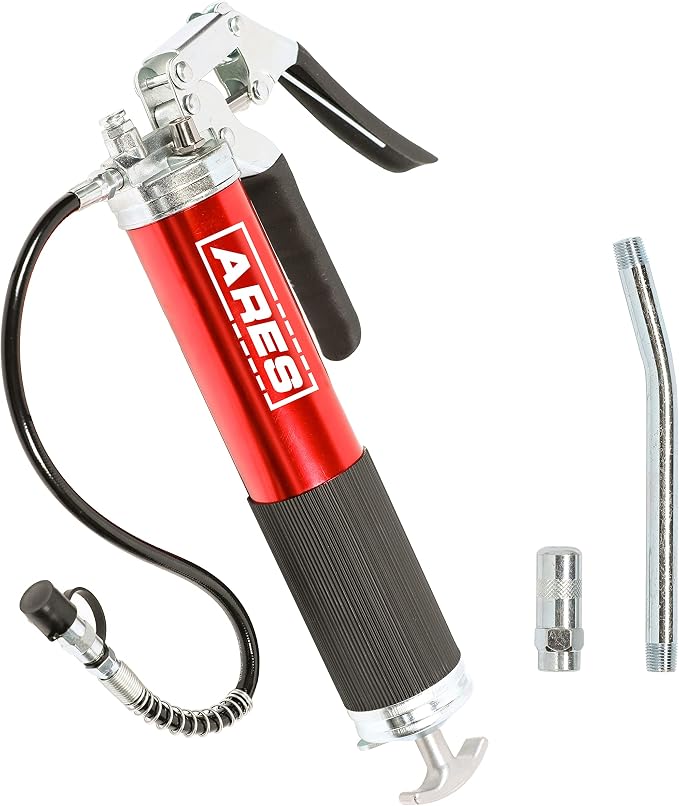 ARES 53015 – Professional Pistol Grip Grease Gun – Includes 18-Inch Flex Hose with Spring Guard and 6-Inch Offset Extension – 4500 PSI Working Pressure Rating