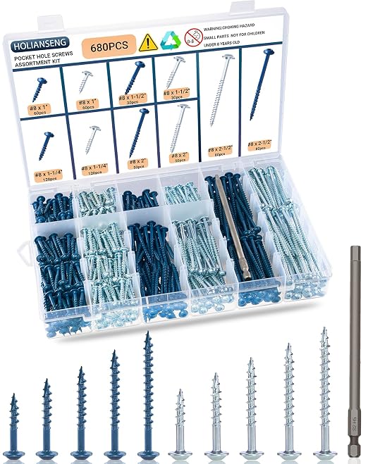 680 pcs Pocket Hole Screws Assortment Kit, 5 Sizes Blue Ceramic Coated and Zinc Coated Pocket Screws, Square Drive Self Tapping Coarse Thread Wood Screws Set, #8 x 1, 1-1/4", 1-1/2", 2", 2-1/2"