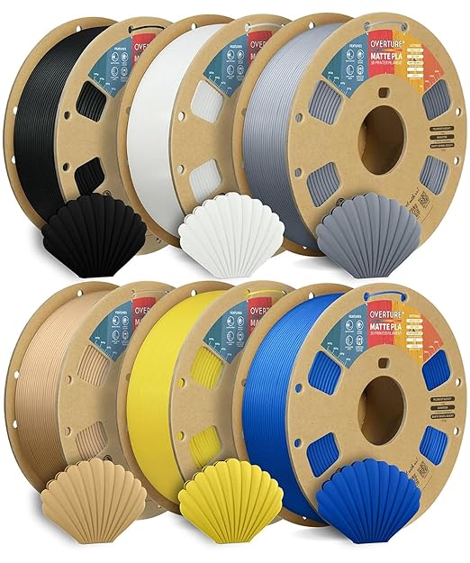 OVERTURE 6KG Bundle Matte PLA, Low Warp & Matte Surface 3D Printer Filament | Frosted Matt Finish Hides Layer Lines, 6 Pack 1kg Spool (2.2lbs) Cardboard Spool, Fit Most FDM Printer (6 Color)