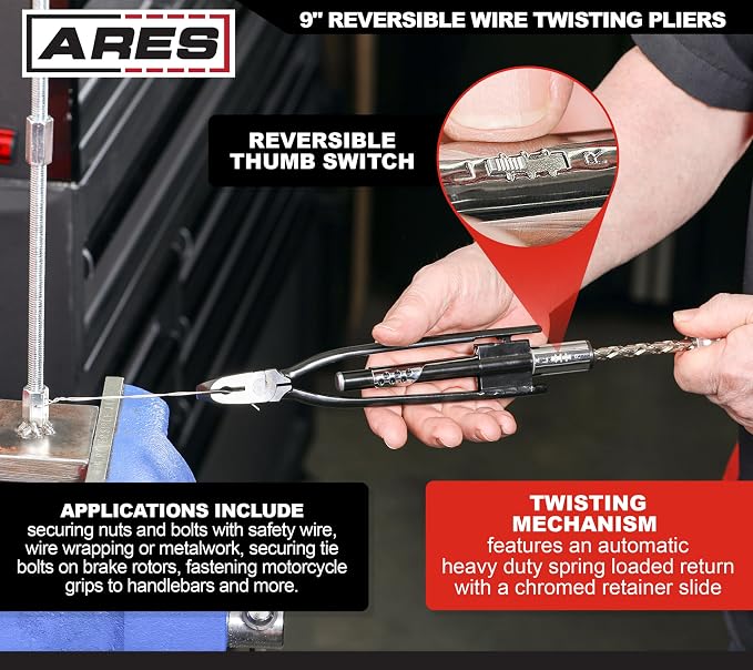 ARES 10003-9-Inch Reversible Wire Twister Pliers - Auto Spring Loaded Return – Durable Untwist Tool Grips, Twists, and Cuts Stainless Steel Safety Wire on Vehicles, Machinery, and Aircraft