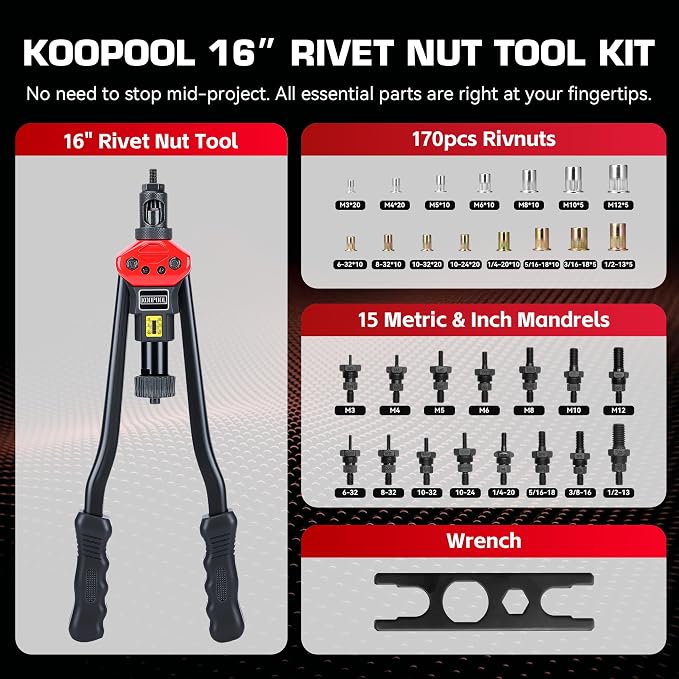 KOOPOOL 16" Rivet Nut Tool Kit, Heavy-Duty Rivnut/Nutsert Tool with 7 Mandrels (M6, M8, M10, 1/4"-20×2, 5/16"-18, 3/8"-16) & 70 Rivet Nuts, Rugged Rivnut Tool Kit with Carrying Case (16")