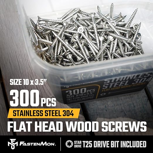 304 Stainless Steel Deck Screws, #10 x 3-1/2", 300 PCS | Torx Flat Head Type 17 Point with T25 Bit, Ideal for Outdoor Wood Projects, Fences, Benches, Picnic Tables, Decks, Bulk Box
