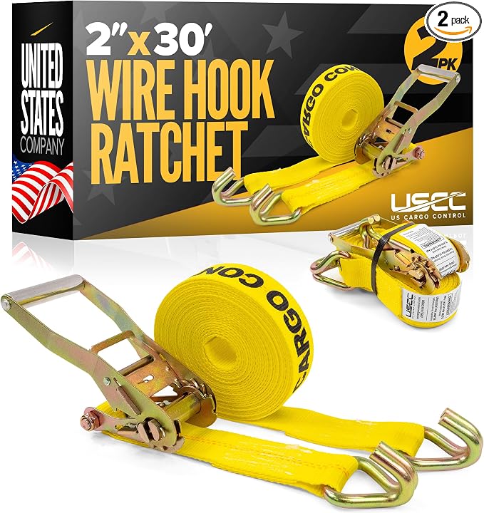 US Cargo Control Heavy Duty Ratchet Straps 2 Inch x 30 Foot (2-Pack), 10,000 LBS Break Strength, 2 Inch Ratchet Straps with J Hooks, Heavy Duty Tie Downs for Flatbed Trailers