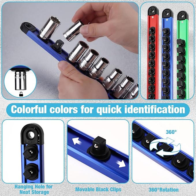 Ceenna 6 Piece Magnetic Socket Organizer Set, Heavy Duty Socket Holder, Sockets Rack Kit with 1/4-inch x 14 Clips, 3/8-inch x 14 Clips, 1/2-inch x 12 Clip, Gift for Men, Red, Blue and Green