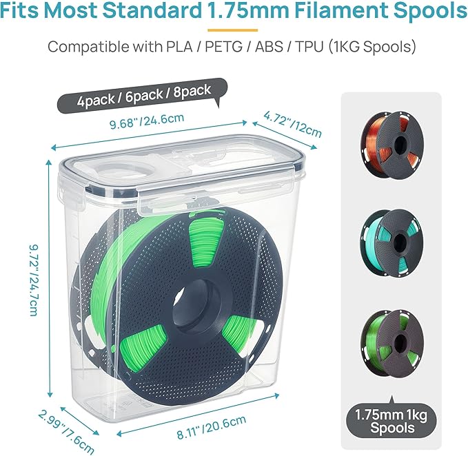 Vtopmart 4 Pack Filament Storage Box- Filament Storage with Desiccant, Labels & Marker, Waterproof Filament Storage Container for 1KG Spools Dust-Proof & Stackable Box for PLA/ABS/PETG/TPU/Nylon