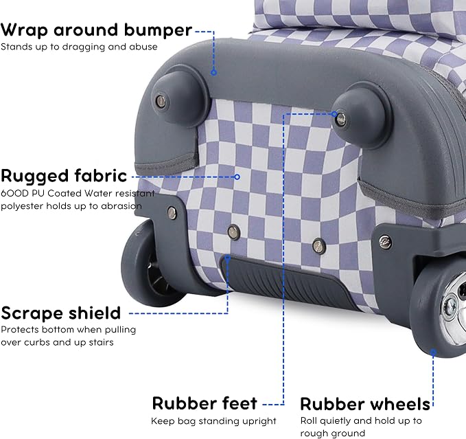 J World Sundance Laptop Rolling Backpack for Girls Boys. Roller Bookbag with Wheels, 20 Inch, Lavender Checkers