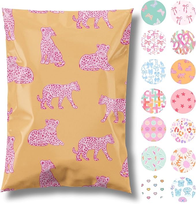 Pretty Package Store 6x9 Designer Poly Mailer 100 Pack Heavy Duty Waterproof Self Seal Shipping Bags for Small Business Large Mailing Envelopes Bulk Tear Resistant Packaging Pink Orange Leopard
