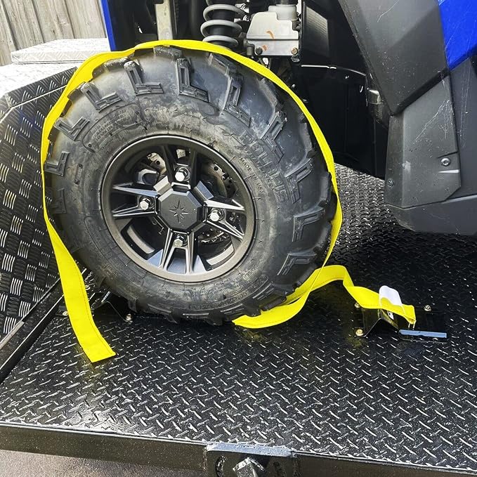 Wheel Chock Tie Down Kit (4,500lb Break Strength) Heavy Duty Trailer Tire Straps System for ATV, UTV, Lawn Mower & More - Ratchet Tie Downs Accessories with E Track for Four Wheeler