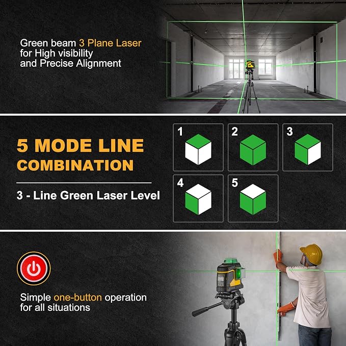 PREXISO Laser Level 3 X 360° Self Leveling with 47 In. Tripod, IP54 Rechargeable 100Ft Green Lazer Leveler Tool for Construction, Home Renovation with Magnetic Base, Battery Adapter, Case, Accessories
