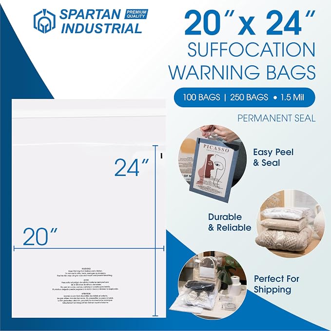 Spartan Industrial - 20" X 24" (200 Count) Self-Seal Clear Poly Bags With Suffocation Warning for Packaging, Bedding, Costumes - Permanent Adhesive
