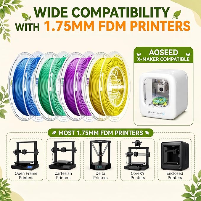 AOSEED PLA Filament Set 1.75mm (±0.02mm), 4-Pack, 200 g (0.44 lb) per Spool | Multi-Color Bundle for Most FDM 3D Printers, Low-Odor, Safety-Tested, Tangle-Free & Moisture-Protected for Home & Classroom