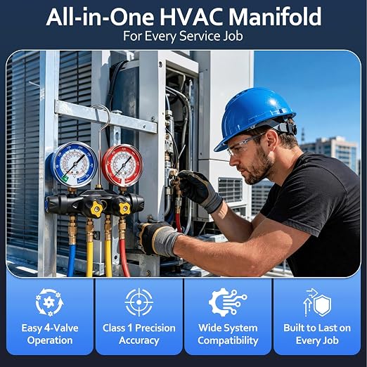 49974 A2L 4-Valve Test and Charging Manifold, 3-1/8" (80mm) | Refrigerant Manifold Gauges, Compatible with R-32/R454B/R410A, HVAC Manifold Gauge, Hoses Not Included