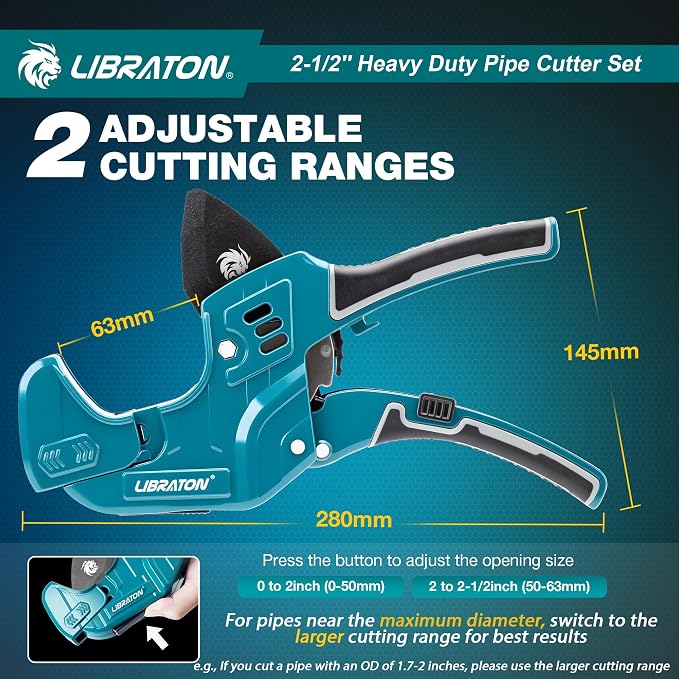Libraton PVC Pipe Cutter, Up to 2-1/2", Ratchet Pipe Cutter Tool for PEX, PVC, PPR Plastic Hoses Plumbing, Heavy-Duty Pipe Cutter with Deburring Tool Replacement Blade, 2 Adjustable Cutting Ranges