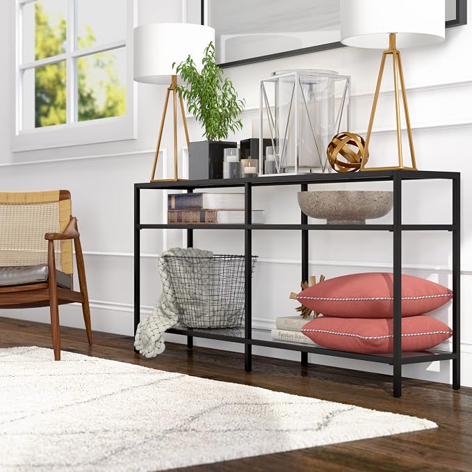Henn&Hart 64" Wide Rectangular Console Table in Blackened Bronze, Entryway Table, Accent Table for Living Room, Hallway | Glass shelves with extra long design provide open display and storage for living rooms, entryways, hallways, and offices