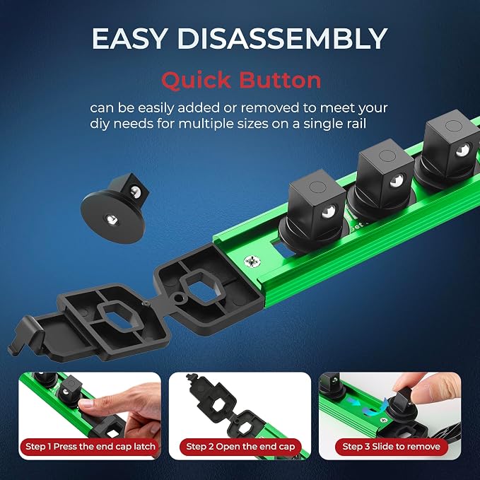 Reniteco Magnetic Socket Organizer, 1/4" Drive Aluminum Alloy Socket Rail, Heavy Duty Magnetic Socket Holder with 14PC 360° Swivel Removable Clips, Magnetic Socket Rack for Tool Box Drawer, Green