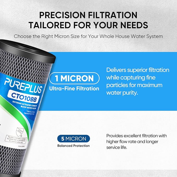 PUREPLUS 1 Micron Coconut Shell Water Filter Cartridge | Activated Carbon Block CTO | Universal Whole House 10 inch Cartridge | Compatible with WFHDC8001, CB-BB-10, EPM, EP-BB, 2Pack