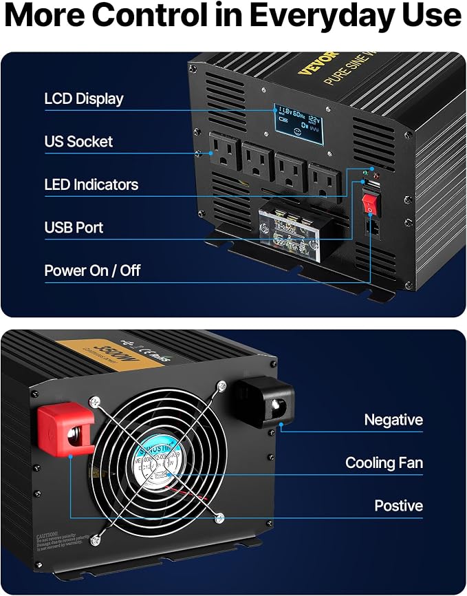 VEVOR Pure Sine Wave Inverter 3500 Watt Power Inverter, DC 12V to AC 120V Car Inverter, with USB Port LCD Display Remote Controller and AC Outlets (GFCI), for RV Truck Car Solar System Travel Camping
