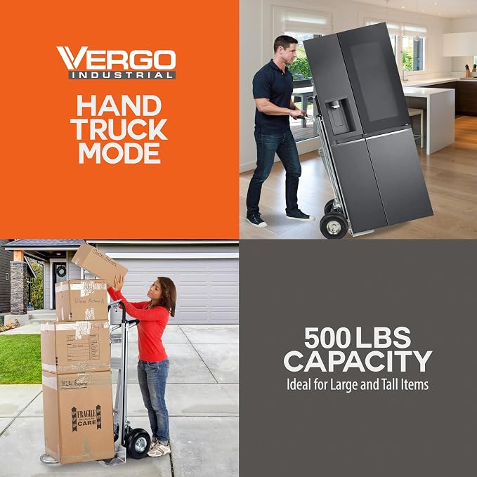 Vergo Industrial Convertible Hand Truck - AS7A2 Heavy Duty Aluminum 3 in 1 Dolly (750 lb Capacity) Lightweight Frame, Ergonomic Handle, Extendable Loop, Versatile Moving Dolly (3 Positions 53" High)