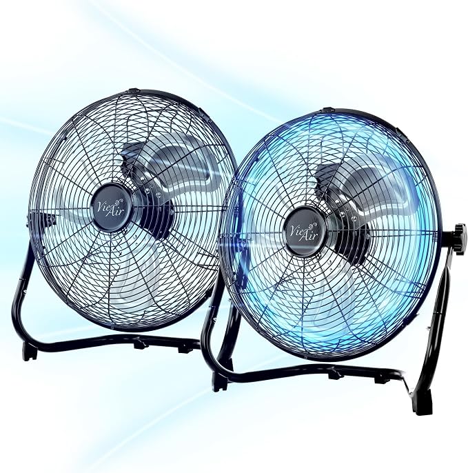 Vie Air 20 Inch Twin Pack Industrial Tilting High Velocity 3 Speed Metal Floor Fan, Black