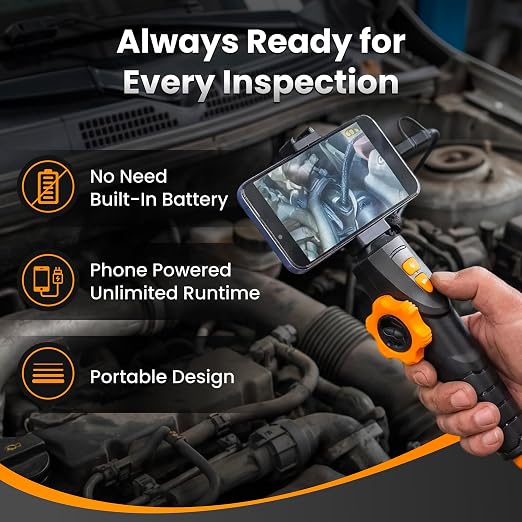 UW19-MP60 Two-Way Articulating Borescope with Light, 6mm Inspection Camera for iPhone & Android, Type-C & Lightning Compatible Flexible Snake Camera for Automotive Engine Inspection, 3.3FT