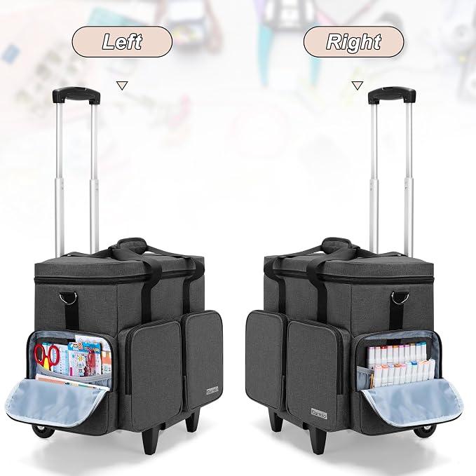 CURMIO Rolling Scrapbook Bag, Craft Bag with Wheels for Paper, Ablum, Black | Crafts Supplies Tote with Wheels, with 2 detachable zipper pouches, Removable Bottom Board, Shoulder Straps, Large Capacity