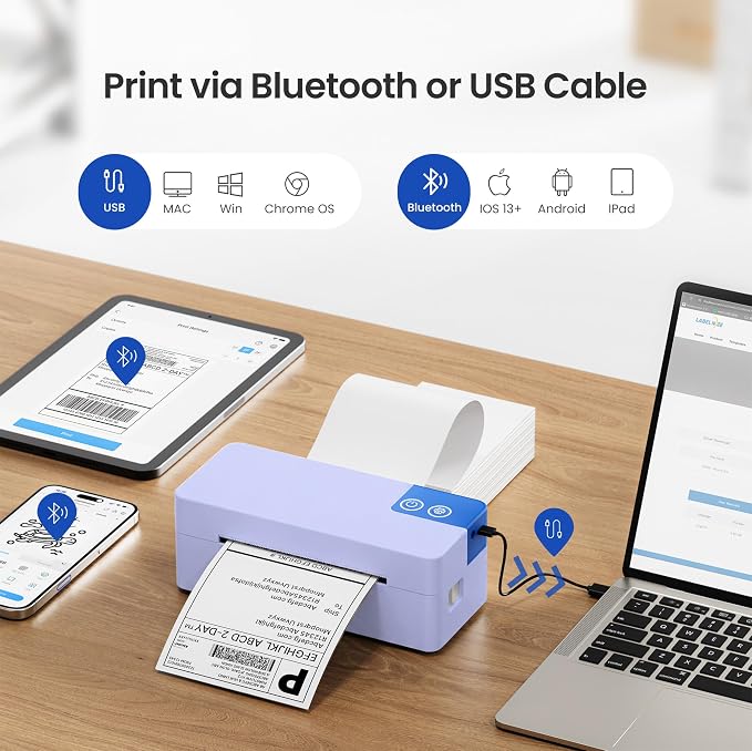 Bluetooth Thermal Shipping Label Printer, 4x6 Portable Direct Thermal Printer, Compatible with iPhone, Android, Windows and Mac, Widely Used for USPS UPS Amazon Shopify Etsy, Purple