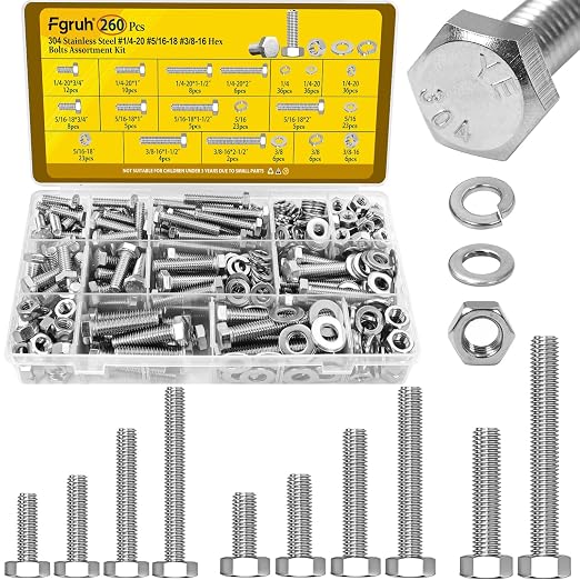 260PCS Hex Bolts and Nuts Assortment Kit,1/4-20, 5/16-18, 3/8-16 Hex Head Bolt Nut and Flat & Spring Washers Assorted,304 Stainless Steel, Fully Threaded