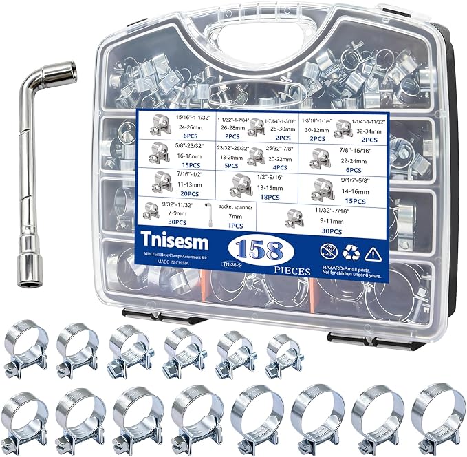 Tnisesm 158Pcs Mini Fuel Injection Hose Clamps Adjustable 7-34mm 14 Sizes Fuel Line Clamps Assortment Kit,Hoses Clamps Sleeving,for Automotive Diesel Petrol Pipe with Socket Spanner