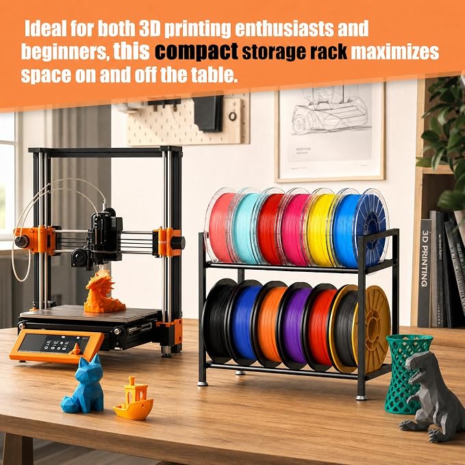 3D Printer Filament Rack Desktop, 2-Tier Metal Spool Holder Organizer | Heavy Duty 3D Filament Storage Rack for 3D Printing PLA/ABS/TPU Filaments, for Home, Office, Workshop, Studio
