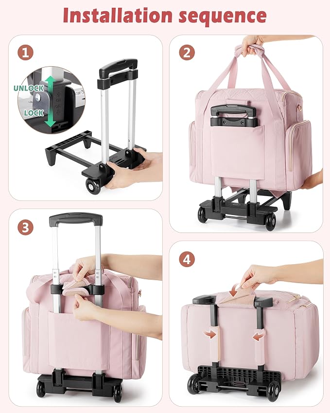 Marscamd Rolling Teacher Bag with 15.6" Laptop Compartment, Wheeled Work Briefcase Tote with Detachable Trolley for Women, Pink